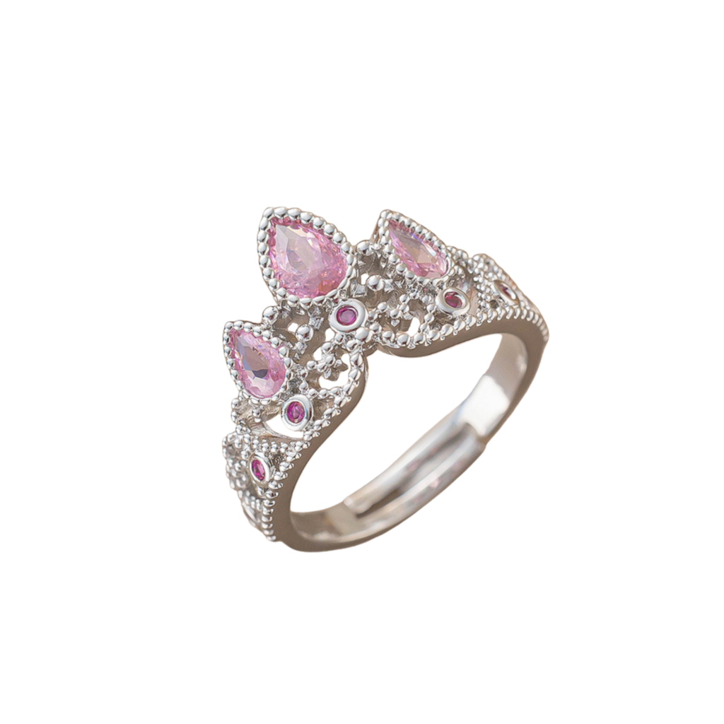 Anillo de Corona "Tiara de Princesa" Ajustable con Piedras Rosadas