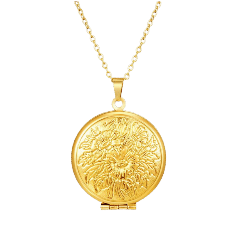 Relicario Redondo Floral – Dorado — joya personalizable con grabado láser | Kinti Joyería