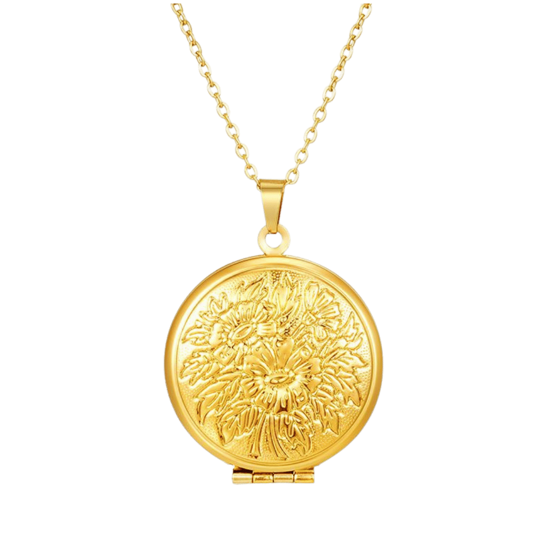 Relicario Redondo Floral – Dorado — joya personalizable con grabado láser | Kinti Joyería
