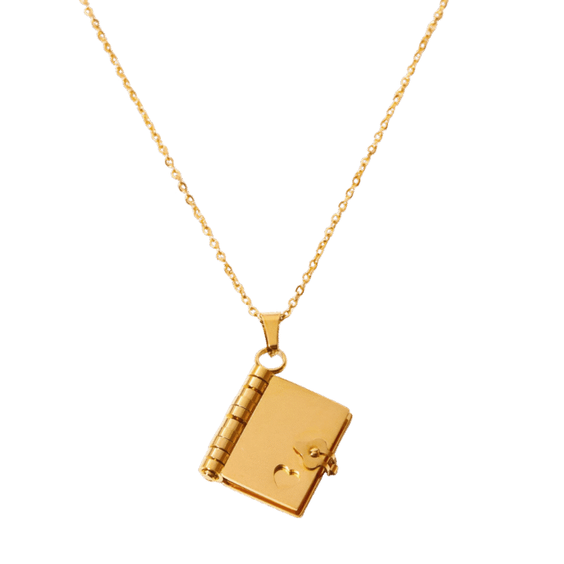 Collar Libro Secreto – Dorado — joya personalizable con grabado láser | Kinti Joyería