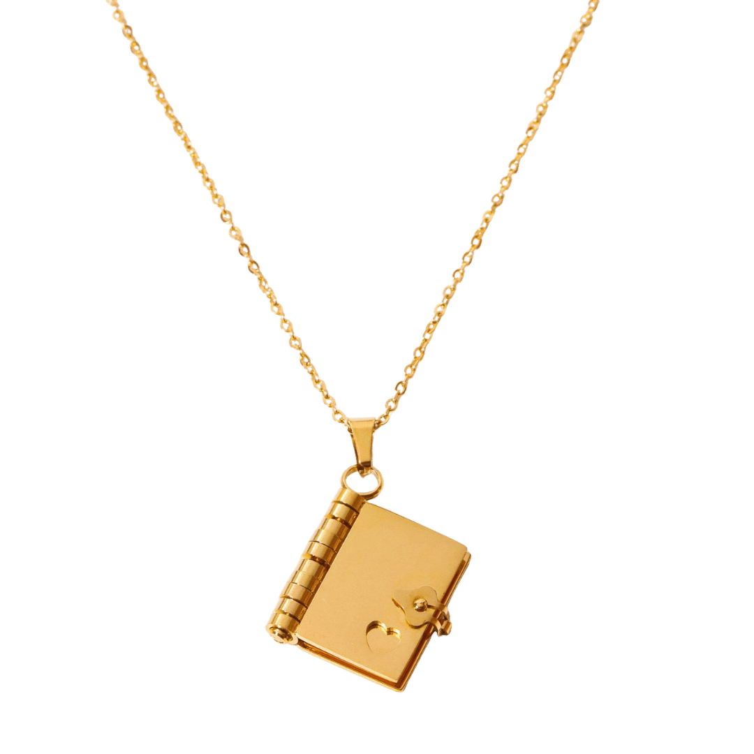 Collar Libro Secreto – Dorado — joya personalizable con grabado láser | Kinti Joyería