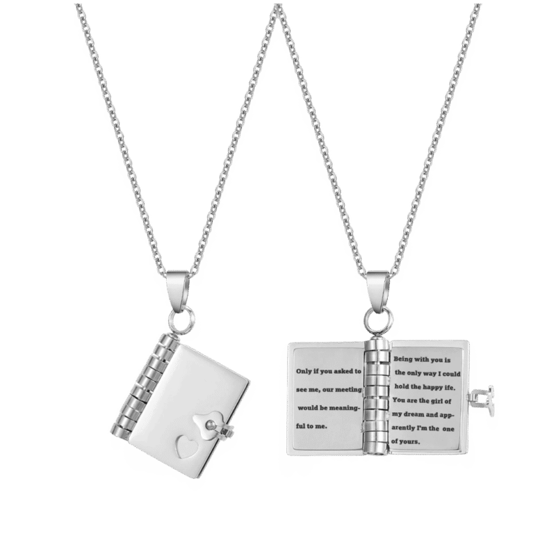 Collar Libro Mensaje – Plateado — joya personalizable con grabado láser | Kinti Joyería