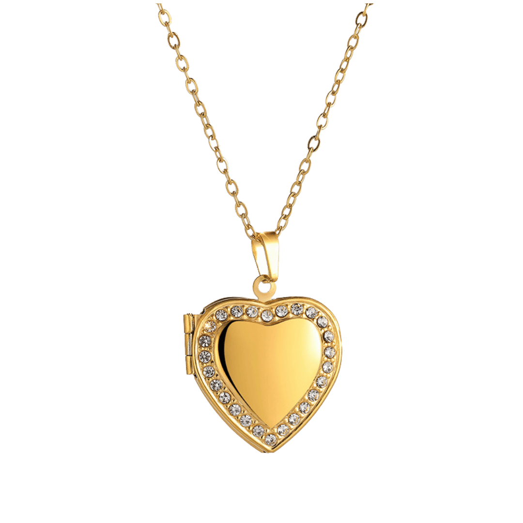 Relicario Corazón con Circones – Dorado — joya personalizable con grabado láser | Kinti Joyería